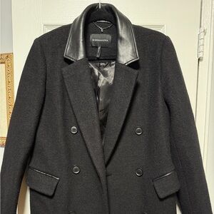 BCBG MAXAZRIA Black Peacoat with leather accents